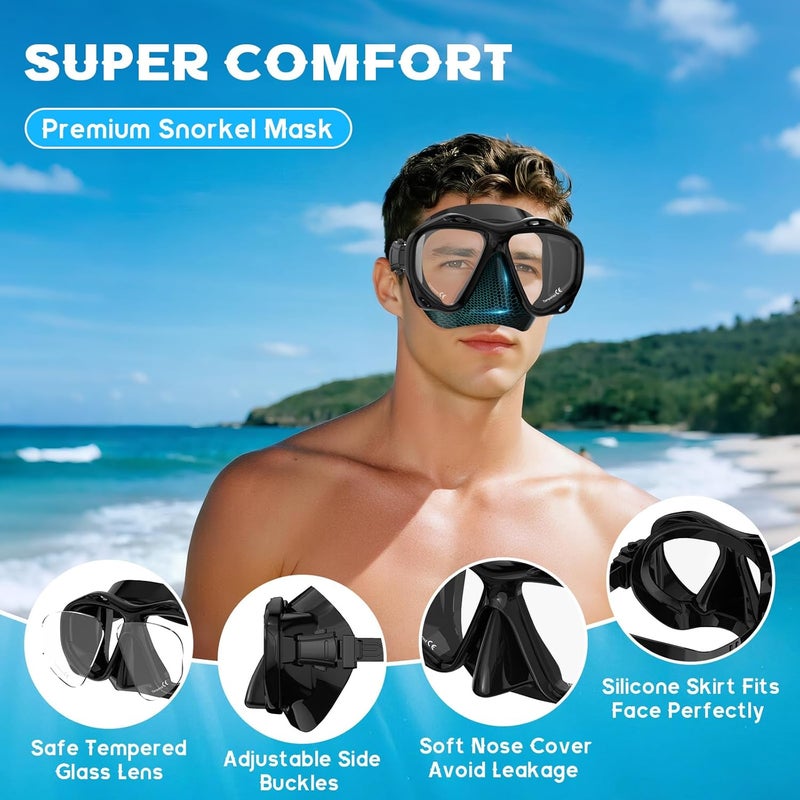 wutrye Snorkeling Gear for Adults, Dry Top Snorkel Mask Set, Diving Scuba Mask, Swimming Goggles with Nose Cover, HD Tempered Glass Panoramic Swim Freediving Anti-Leak Anti-Fog Travel Packages - Image 3